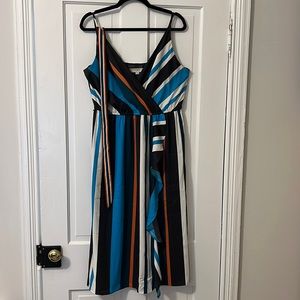 LOFT Striped Midi Dress with V-Neck, Front Ruffle, Faux Wrap with Belt